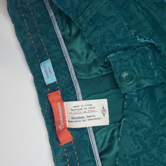 ANTHROPOLOGIE Etched Mid Rise Damask Velvet Skinny Straight Leg Teal - Picture 5 of 9